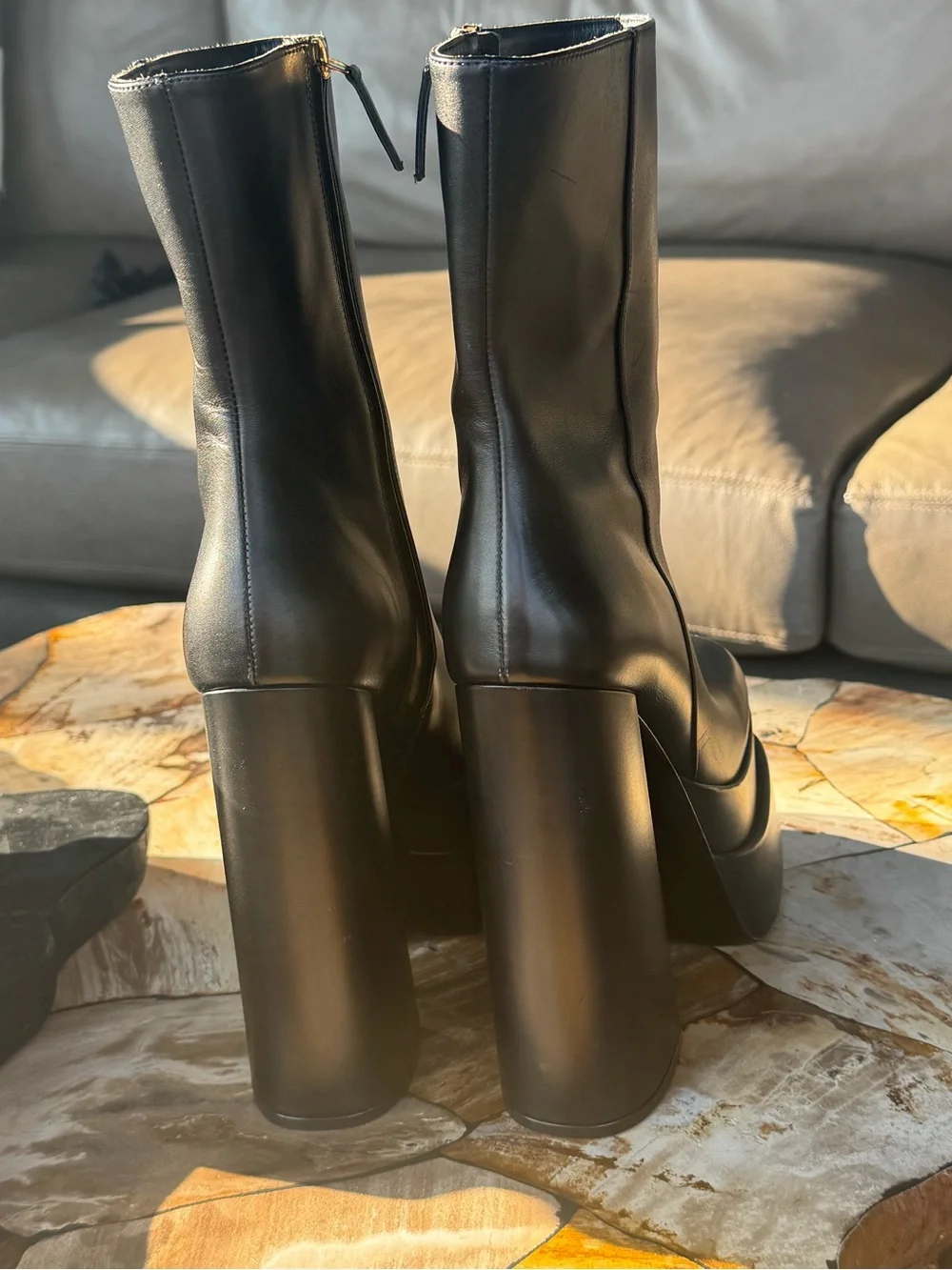 Versace Black Leather Platform Ankle Boots with Gold Accents
